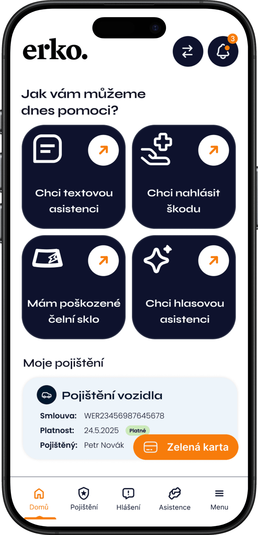 eRko aplikace – hlavní obrazovka